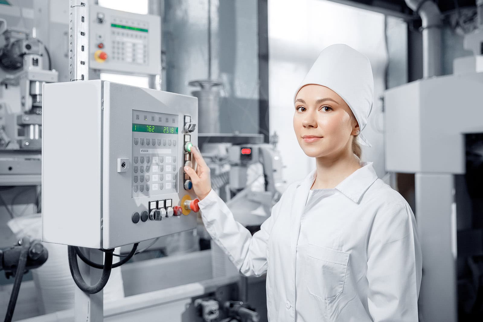 Woman Operating Work On Food Conveyor Switchboard Engineer Machi